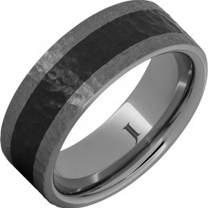 Rugged Tungsten™ Ring With Black Ceramic Inlay and Hand Carved Hammer Finish