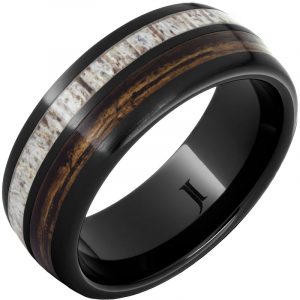 Barrel Aged™ Black Diamond Ceramic™ Ring with Bourbon Barrel Wood and Antler Inlays Satin