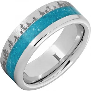 Serinium® Ring with Crushed Turquoise Inlay, Stone Finish and Pine Forest Engraving