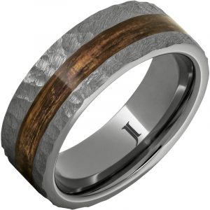 Barrel Aged™ Rugged Tungsten™ Ring with Bourbon Wood Inlay and Moon Crater Carving