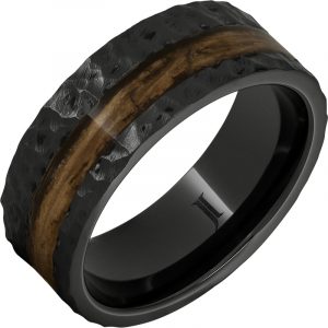 Barrel Aged™ Black Diamond Ceramic™ Ring with Bourbon Wood Inlay and Moon Crater Carving