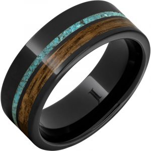 Barrel Aged™ Black Diamond Ceramic™ Ring with Bourbon Wood and Turquoise Inlays