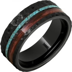 Barrel Aged™ Black Diamond Ceramic™ Ring with Cabernet and Turquoise Inlays and Moon Crater Carving