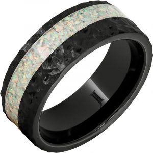 Black Diamond Ceramic™ Opal Inlay Ring with Hand Carved Surface