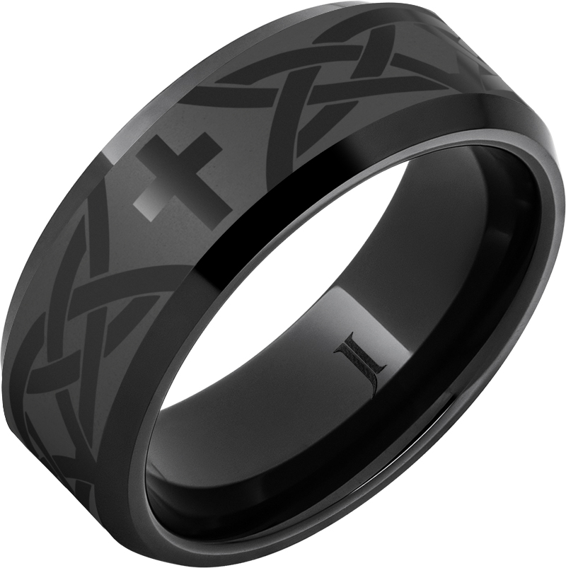 Black Diamond Ceramic™ Christian Cross and Knot Beveled Ring