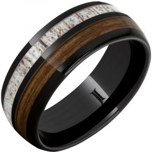 Barrel Aged™ Black Diamond Ceramic™ Ring with Bourbon Barrel Wood and Antler Inlays
