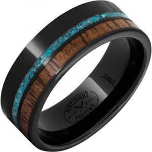 Black Diamond Ceramic™ Ring with Hickory Vintage Baseball Bat Wood and Turquoise Inlays