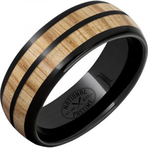 National Pastime Collection™ Black Diamond Ceramic™ Dome Ring with Vintage White Ash Baseball Bat Wood Inlays
