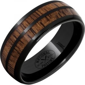 National Pastime Collection™ Black Diamond Ceramic™ Dome Ring with Vintage Hickory Baseball Bat Wood Inlays