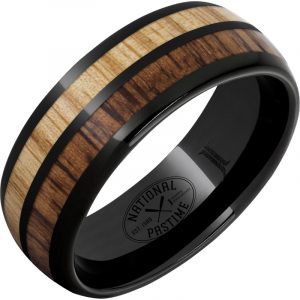 National Pastime Collection™ Black Diamond Ceramic™ Dome Ring with Hickory and White Ash Vintage Baseball Bat Wood Inlays