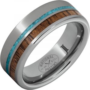 National Pastime Collection™ Rugged Tungsten™ Ring with Hickory Vintage Baseball Bat Wood and Turquoise Inlays