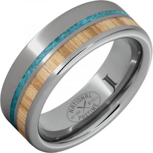 National Pastime Collection™ Rugged Tungsten™ Ring with White Ash Vintage Baseball Bat Wood and Turquoise Inlays