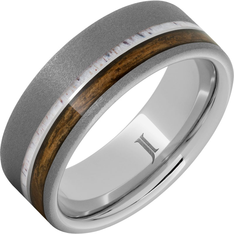 Barrel Aged™ SeriniumÂ® Ring with Antler and Bourbon Wood Inlays and Sandblast Finish