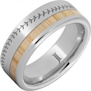 National Pastime Collection™ Serinium® Ring with White Ash Vintage Baseball Bat Wood Inlay and Baseball Stitch Engraving