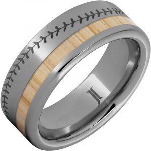 National Pastime Collection™ Rugged Tungsten™ Ring with White Ash Vintage Baseball Bat Wood Inlay and Baseball Stitch Engraving