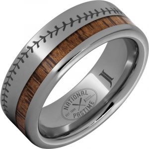 National Pastime Collection™ Rugged Tungsten™ Ring with Hickory Vintage Baseball Bat Wood and Baseball Stitch Engraving