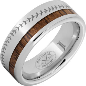 National Pastime Collection™ Serinium® Ring with Hickory Vintage Baseball Bat Wood Inlay and Baseball Stitch Engraving