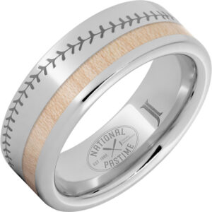 National Pastime Collection™ Serinium® Ring with Maple Vintage Baseball Bat Wood Inlay and Baseball Stitch Engraving
