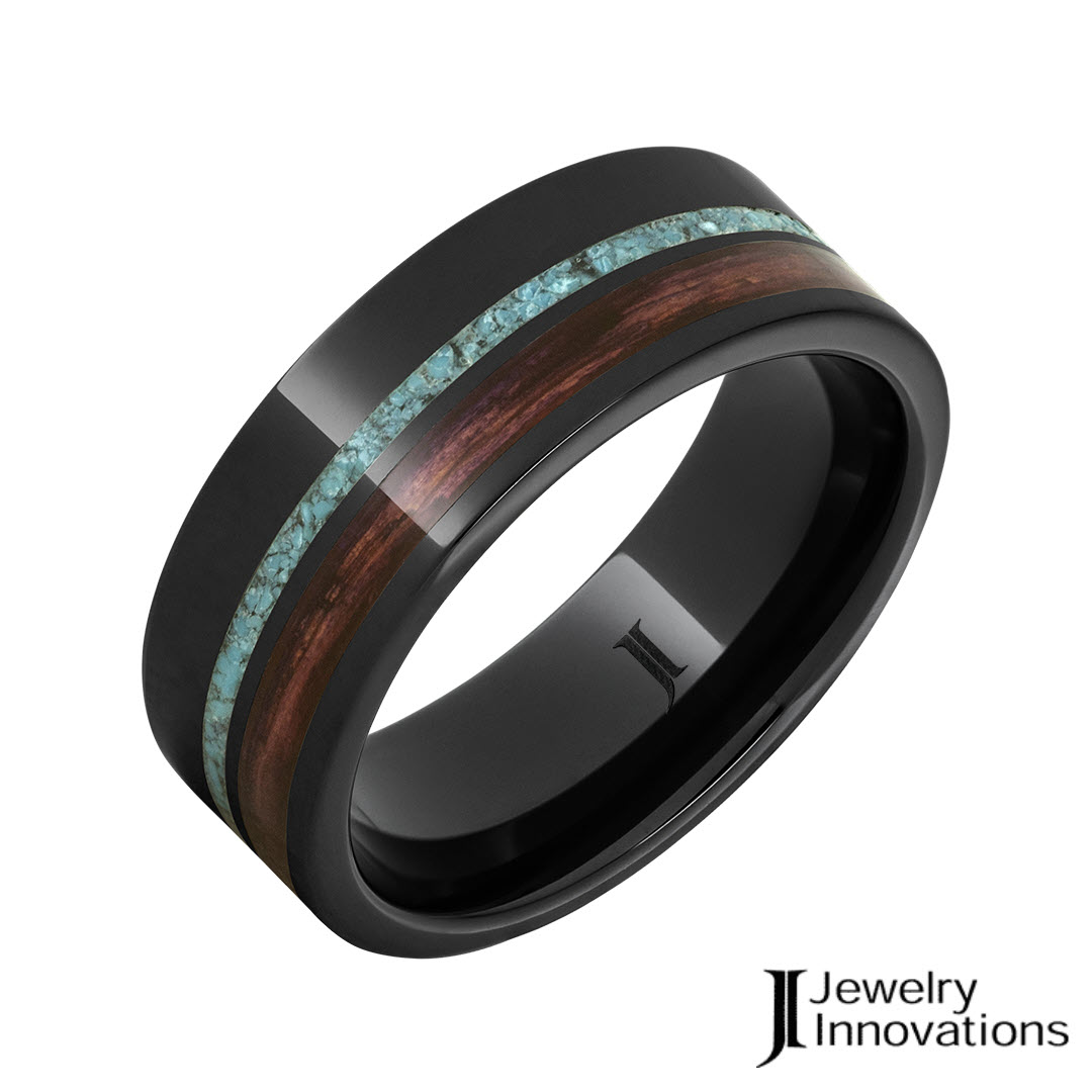 BARREL AGED™ BLACK DIAMOND CERAMIC™ RING WITH CABERNET WOOD AND TURQUOISE INLAYS